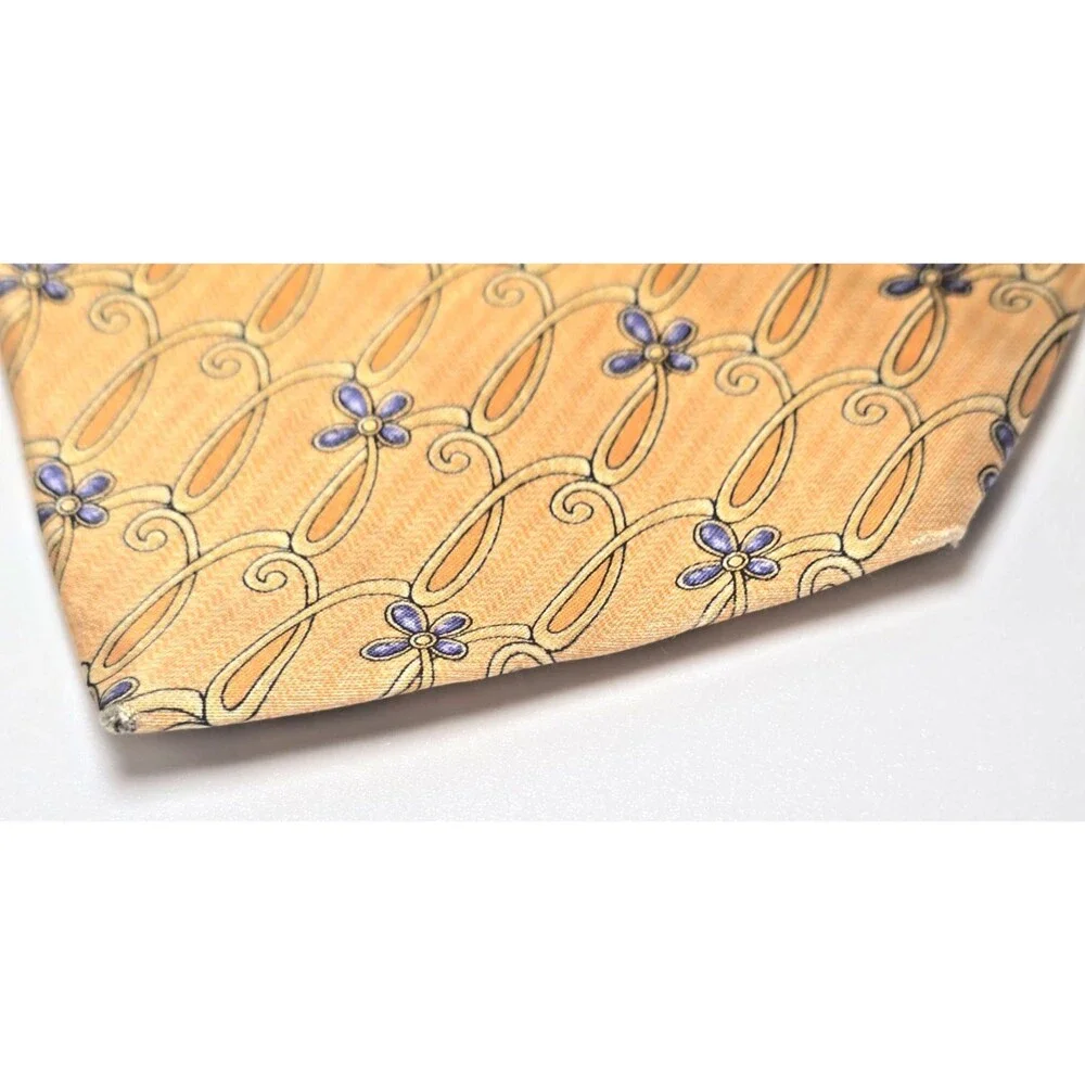 Faberge 100% Silk Tie D No. 086 Handmade in USA‎ Gold & Orange with Blue Flowers